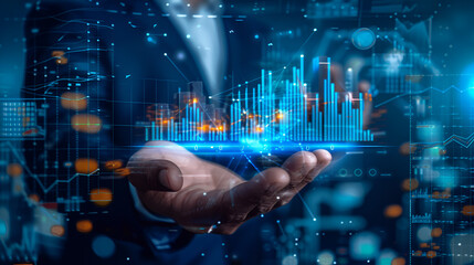 manos de una persona sosteniendo un holograma de datos y graficas virtuales de datos de red y tecnologia digital panificacion e innovacion global de comunicaciones de la ciudad