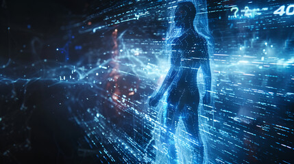 silueta de cuerpo humano recibiendo datos y conexiones tecnologicas digitales lluvia de datos de red en la web internet informacion futurista
