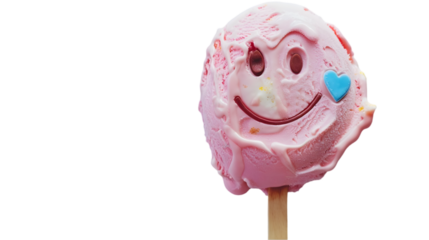 A pink ice cream popsicle shaped like a smiley face with a blue heart-shaped detail, isolated on white background.transparent, png,