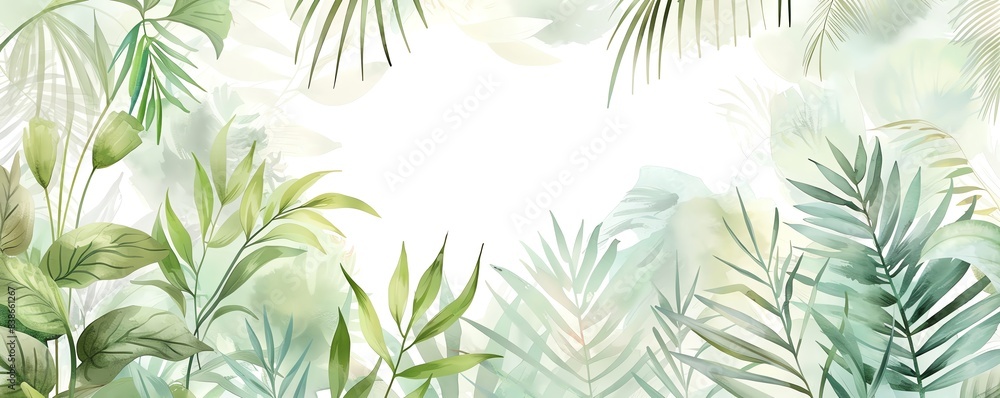 Poster a flat design background with tropical palm leaves forming a subtle frame around the edges, providin