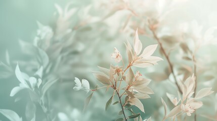Soft pastel-hued flowers and leaves in a dreamy nature setting captured up close