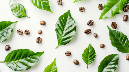 fresh green coffee and beans on white background