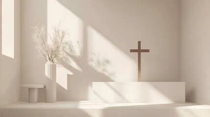 capilla iluminada con una cruz de madera espacio para orar y meditar elegante y sofisticada religion catolico tonos claros