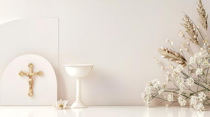 fondo para invitacion digital de primera comunion boda celebracion religiosa con ramos de flores decorativas con la cruz de Cristo fondo blanco y elegante