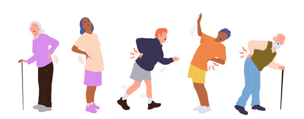 Different people cartoon characters of various age suffering from back pain vector illustration set
