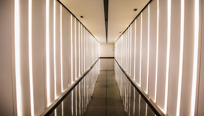 Fototapeta premium A narrow, minimalist hallway glows with vertical light strips