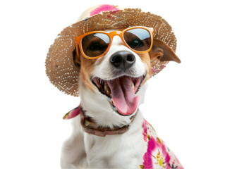 Cheerful dog in sunglasses and summer hat, ready for vacation. Adorable pet enjoying sunny weather and outdoor fun.transparent, png,