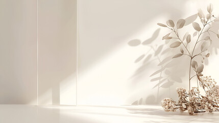 fondo de habitacion iluminada con paredes y muros claros estilo sobrio y minimalista con detalles y elementos sobrios como plantas decorativas