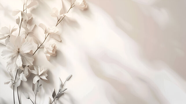 fondo claro elegante y minimalista con elementos de flores decorativas en beige claro un toque sutil y sobrio con espacio para copiar