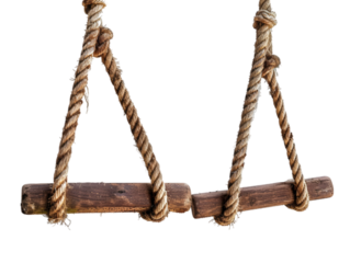 Close-up of a rustic wooden swing with thick ropes, isolated on white background. Perfect for outdoor, nature, and childhood concepts.transparent, png,