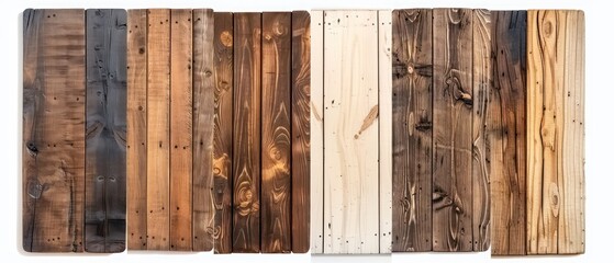Diverse wood panels arranged in a frontal perspective, their unique grains and tones accentuated against a white background