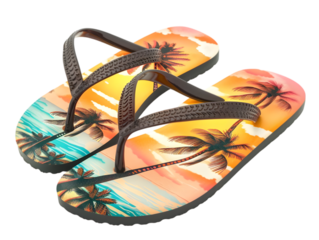 transparent, png,Colorful beach flip-flops with tropical palm tree design perfect for summer and beach vacations, showcasing a vibrant sunset scene.