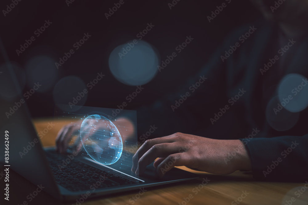 Aufkleber businessman use computer with Global network connection. Big data analytics and business intelligence concept. globe with point and line concept of global business. e commers Digital link tech.