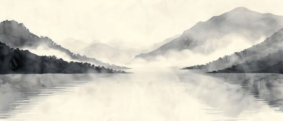 traditional asian scroll painting with minimal color, depicting misty mountains and serene landscapes