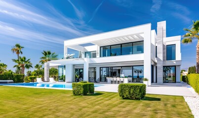 A spacious and luxurious white villa with a modern and minimalist architectural design