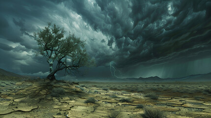 naturaleza al exterior una gran y fuerte tormenta sobre el campo desertico lluvia con fuerza cielo negro gran tormenta sobre un arbol verde