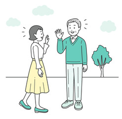 屋外で高齢男性と若い女性が会って挨拶をかわすイラスト