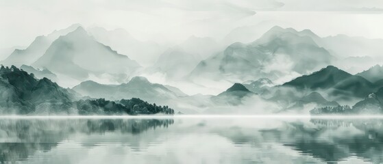 Fototapeta premium Serene red painting in traditional Chinese scroll style, with misty mountains, delicate ink brush strokes, and minimal color