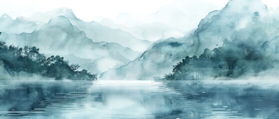 Fototapeta premium Serene red painting in traditional Chinese scroll style, with misty mountains, delicate ink brush strokes, and minimal color