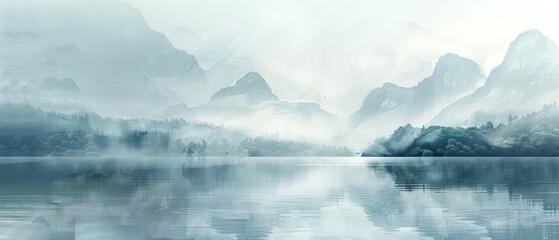 Serene red painting in traditional Chinese scroll style, with misty mountains, delicate ink brush strokes, and minimal color