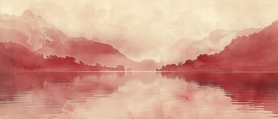 Serene red painting in traditional Chinese scroll style, with misty mountains, delicate ink brush strokes, and minimal color