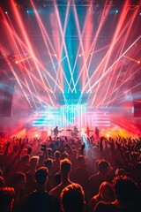 Obraz premium A lively image of a band performing at a music festival with a large crowd and vibrant lights