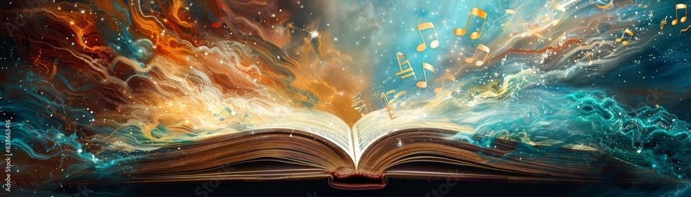 Wall mural An imaginative scene with music notes flowing out of an open book, set against a dreamy, abstract background