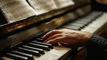 A closeup of a hand playing the piano with sheet music in the background, focusing on the skill of the pianist