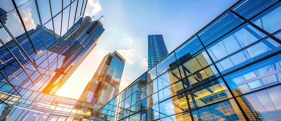 Naklejka premium modern skyscrapers against the blue sky, with sunlight reflecting on glass facades and urban landscapes in the background