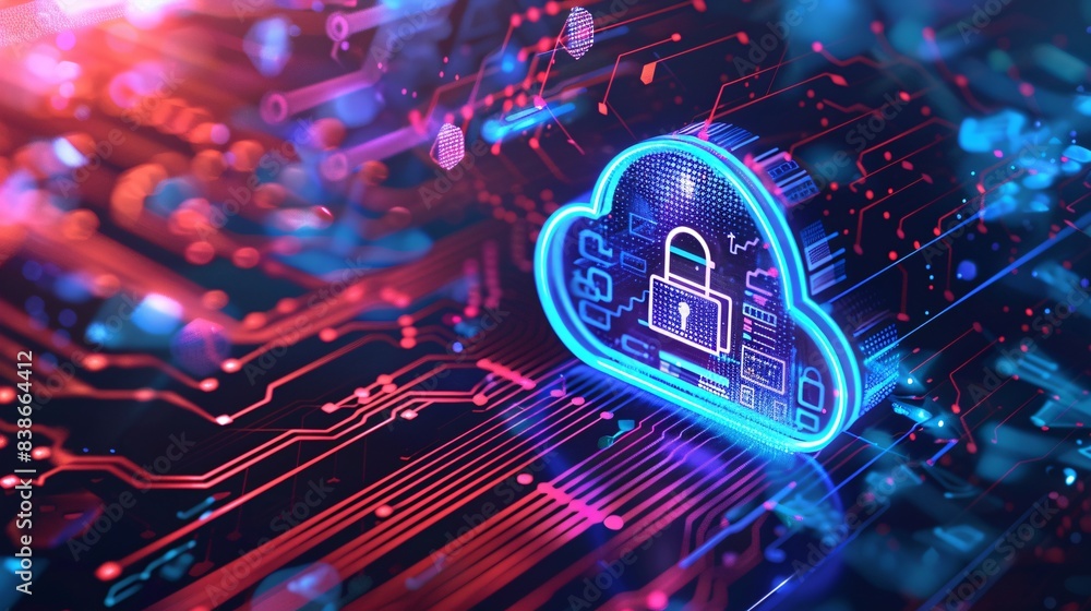 Poster 3d cloud computing security infrastructure concept with padlock inside the cloud illustration