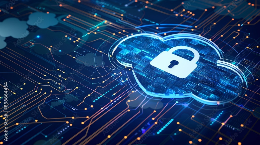 Poster safe cloud computing connection and data transfer concept with padlock inside the cloud illustration