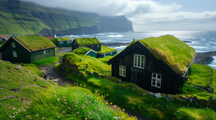 Small house with grassy roof, house by the sea, ocean view house wallpaper island illustration