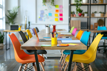A lively co-working space with colorful furniture, including a variety of chairs and tables.
