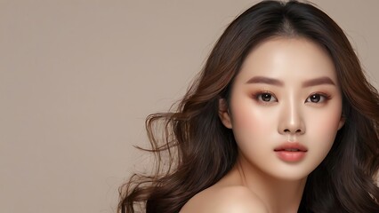 Fototapeta premium An elegant young Asian woman with long, curly hair, beautifully enhanced by Korean-style makeup, showcasing her natural beauty and refined fashion sense.