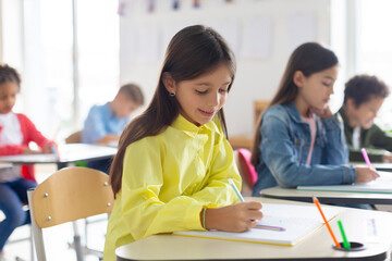 Busy European student girl concentrated on quiz filling blank or writing test, sitting at desk in...