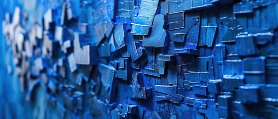 Abstract art piece with intricate textures and layered cobalt blue tones, evoking depth and mystery