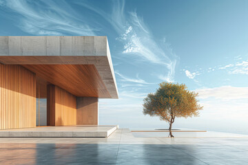 White Building on a blue sky backdrop.Modern concrete architecture.

