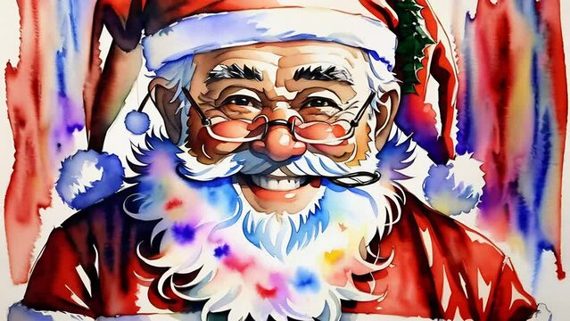 A watercolor painting of Santa Claus smiling with glasses, Christmas mood