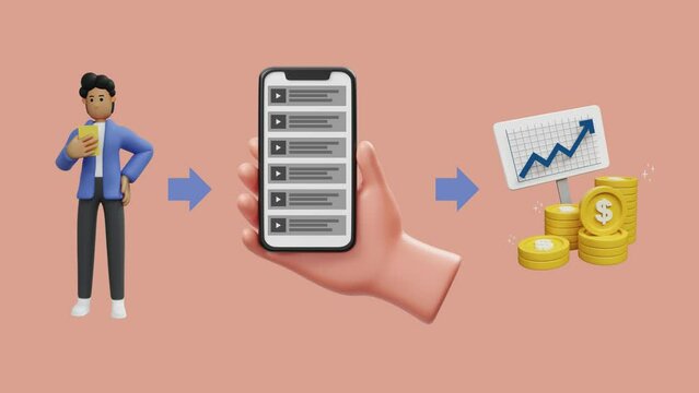 animated infographic footage that visualizes the concept of monetizing content with elements like people as viewers, smartphones, and money