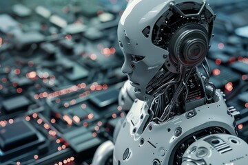 Fototapeta premium Humanoid Robot with Exposed Circuits and Technology Background