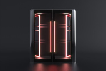 A sleek, futuristic door with glowing neon accents, opening against a solid black background to...