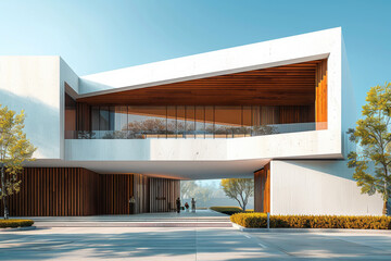 White Building on a blue sky backdrop.Modern concrete architecture.
