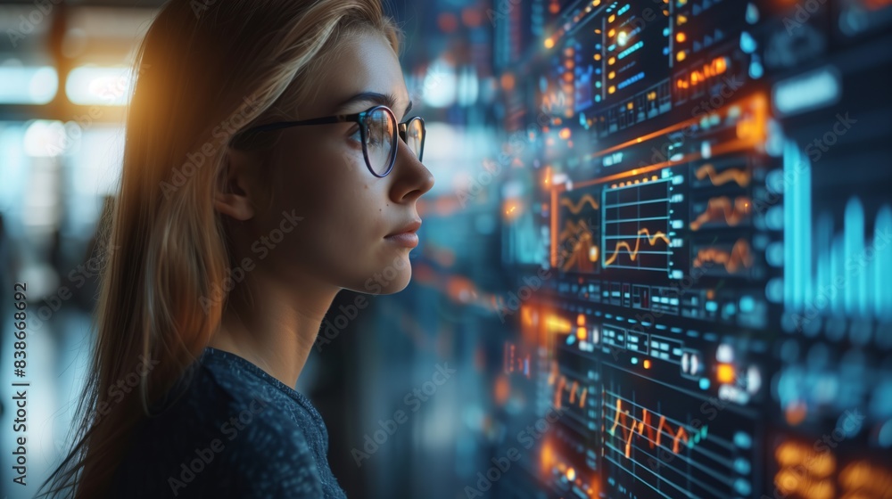 Poster businesswoman analyzing data on screen. businesswoman wearing glasses analyzing data displayed on a 