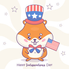 Naklejka premium Festive patriotic hamster in party hat and bow tie with American flag. Cute cartoon animal character. Holiday Fourth of July American Independence Day card. Vector illustration