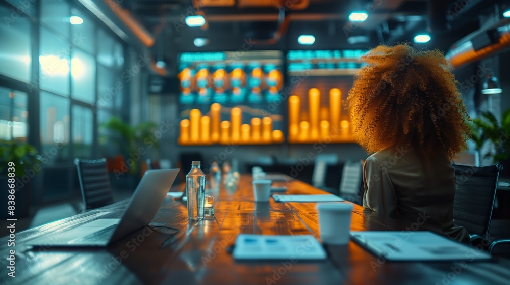 Poster professional in tech-driven boardroom. professional in a modern, tech-driven boardroom with large sc