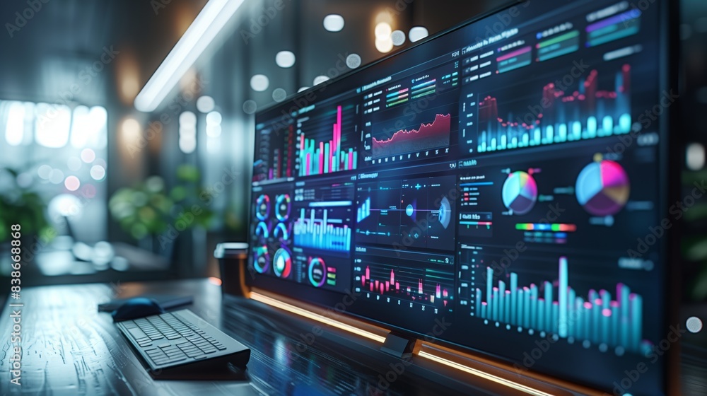 Poster large screen displaying business data. large screen displaying various business data charts and grap