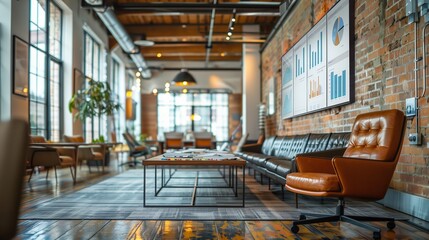 Stylish modern office lounge. Stylish modern office lounge with comfortable seating, large windows, and data charts on the walls, representing a trendy business environment.