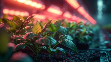 Obraz premium Indoor Hydroponic Plant Growth. Close-up of young plants growing under LED lights in an indoor hydroponic setup, showcasing advanced agricultural technology.