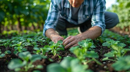 Fototapeta premium Farmer Planting Seedlings in Field. Farmer carefully planting young seedlings in a field, demonstrating hands-on agricultural practices for successful crop growth.