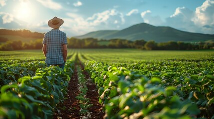 Fototapeta premium Farmer Surveying Crops in Field. Farmer standing in a vast field, surveying his crops under a bright sky, embodying the dedication and scope of modern agriculture.